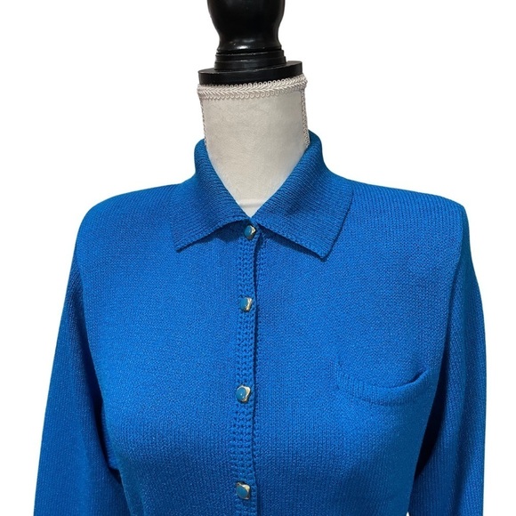 St. John by Marie Gray Knit Sweater Collard Dress With Gold and Blue Belt - Picture 7 of 16